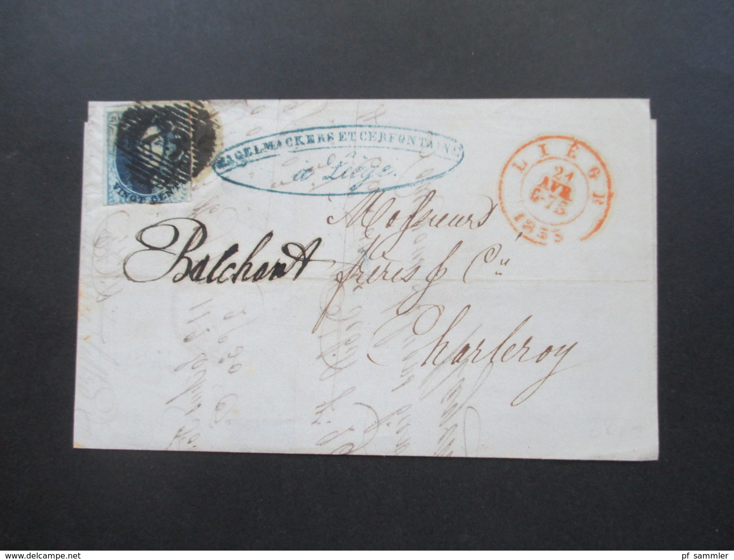 Belgien Um 1875 Beleg Von Liege Nach Charleroy Mit Rotem Stempel K2 Liege Nummernstempel 73 - 1849-1865 Medaillons (Varia)