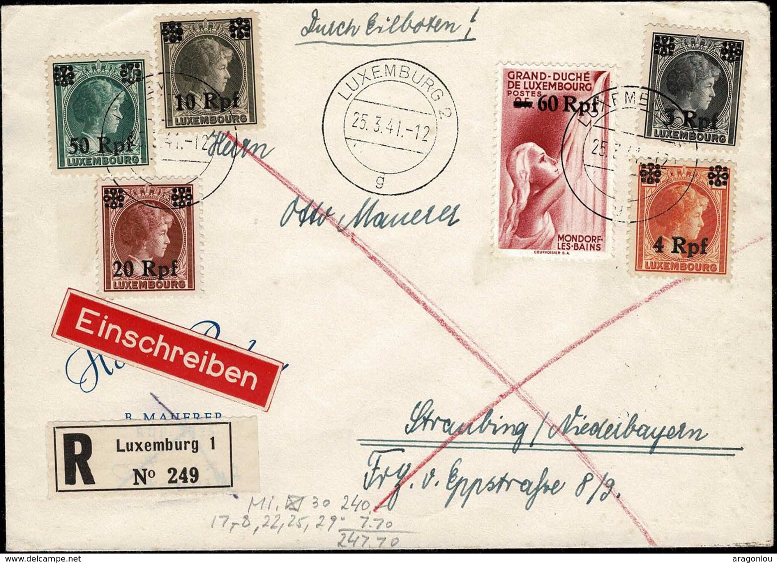 Luxembourg Occupation, Lettre Recommandé/Einschreiben, Cachet  Luxemburg 25.3.1941 - 1940-1944 Occupation Allemande