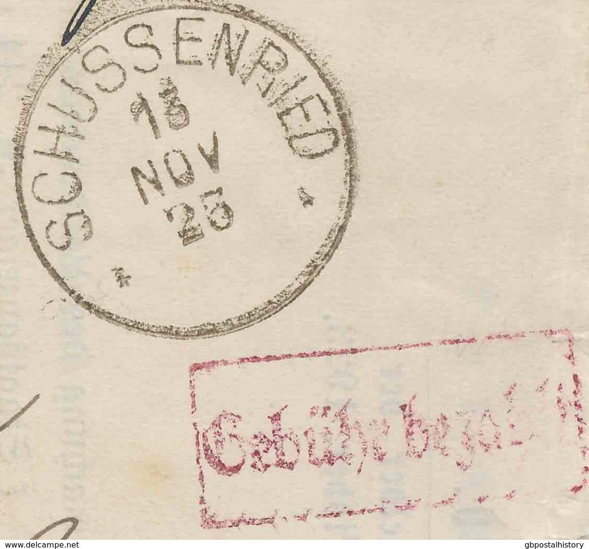 WÜRTTEMBERG "SCHUSSENRIED" Selt. K1 U. "Gebühr Bezahlt" Lila RA1 A. Grosses Briefteil, Selten, 1925 - Postal  Stationery