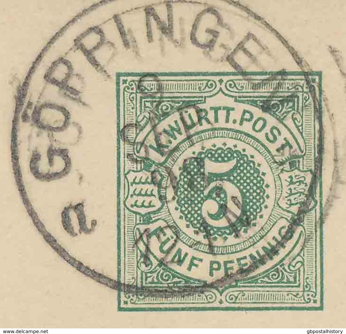 WÜRTTEMBERG "UHINGEN" Selt. Ank.-K1 A. 5 Pf Grün Kab.-GA-Postkarte Aus "GÖPPINGEN" K1, 1898 - Postwaardestukken