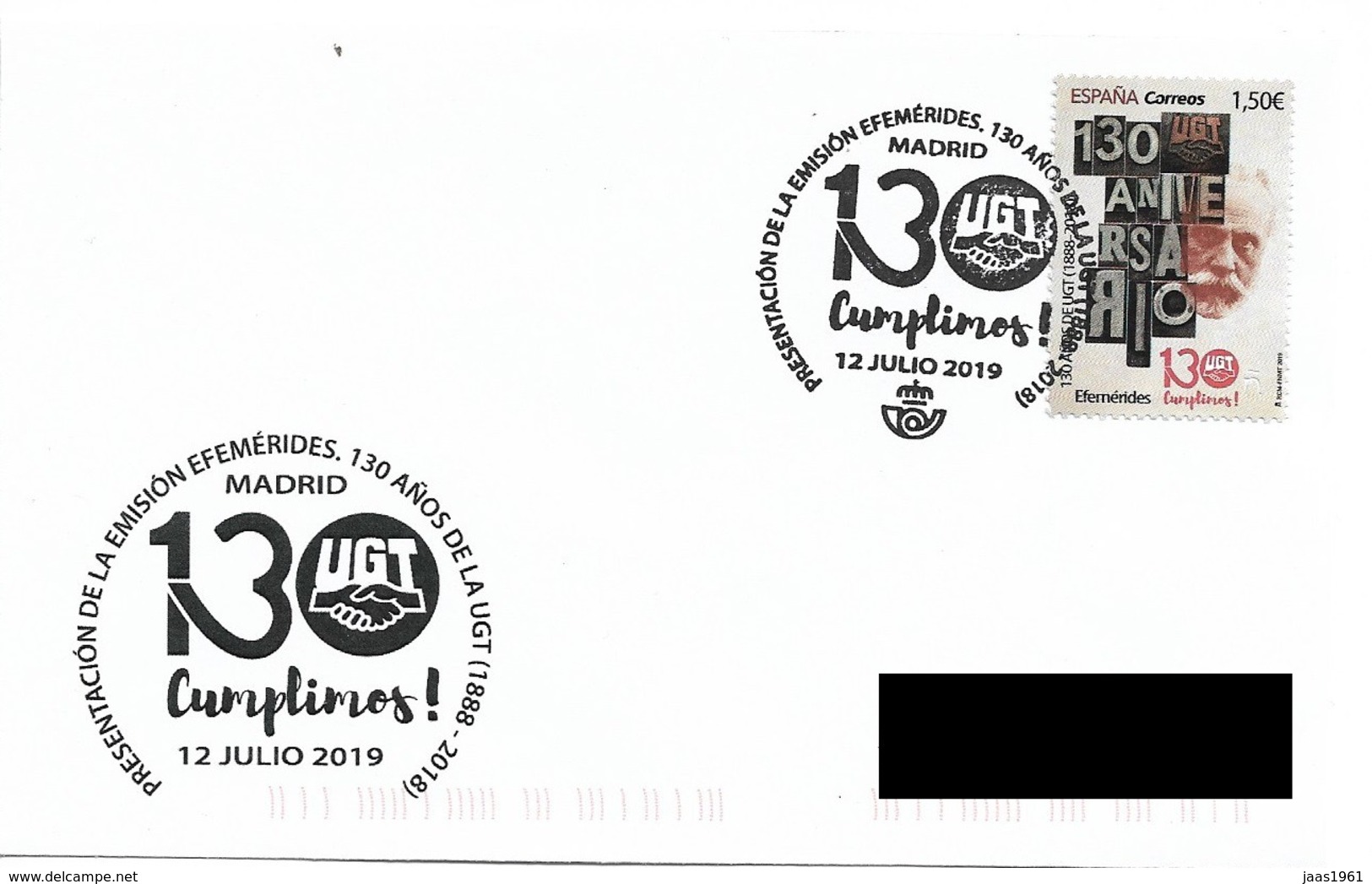 SPAIN. POSTMARK 130th ANNIV. UGT. LABOR UNION. 2019 - Other & Unclassified