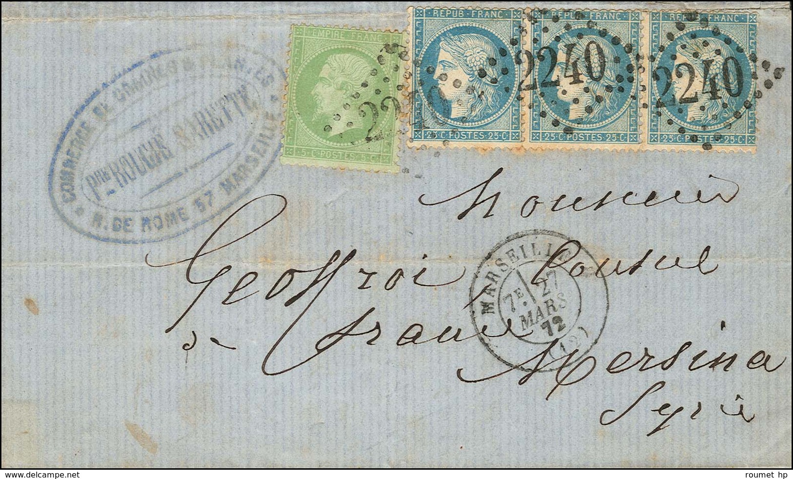 GC 2240 / N° 35 + N° 60 Bande De 3 Càd MARSEILLE (12) Sur Lettre Pour Le Bureau Français De Mersina (Syrie). Au Verso, C - 1871-1875 Cérès