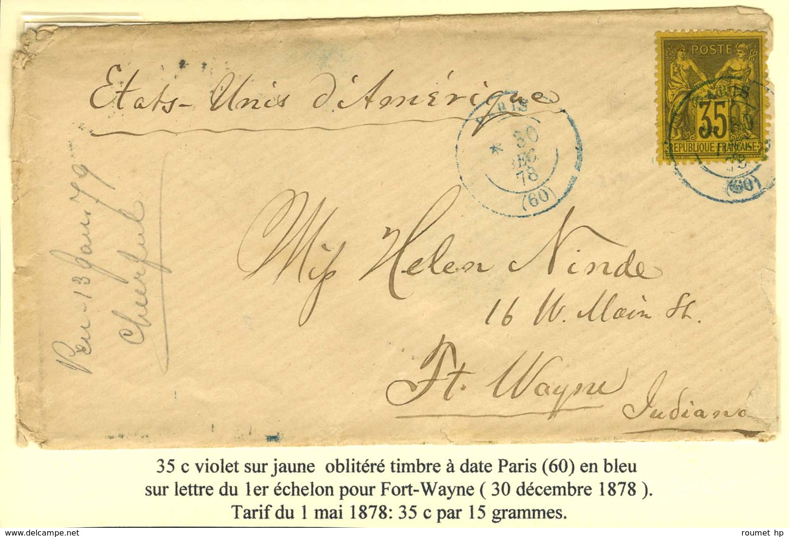 Càd Bleu PARIS (60) / N° 93 Sur Lettre Pour Fort Wayne (Indiana). 1878. - TB / SUP. - 1876-1878 Sage (Type I)