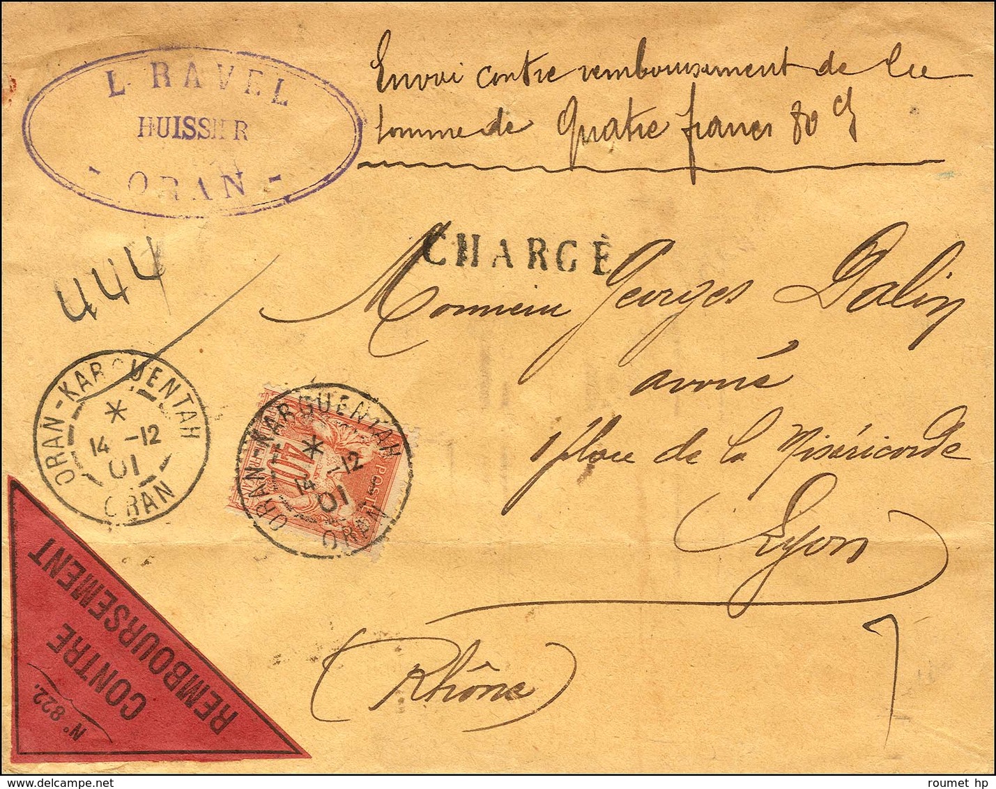 ORAN-KARGUENTHA / ORAN / N° 94 Sur Envoi Contre-remboursement De Moins De 50g (valeur : 4,80 Frs) Pour Lyon (port 5c + D - 1876-1878 Sage (Type I)