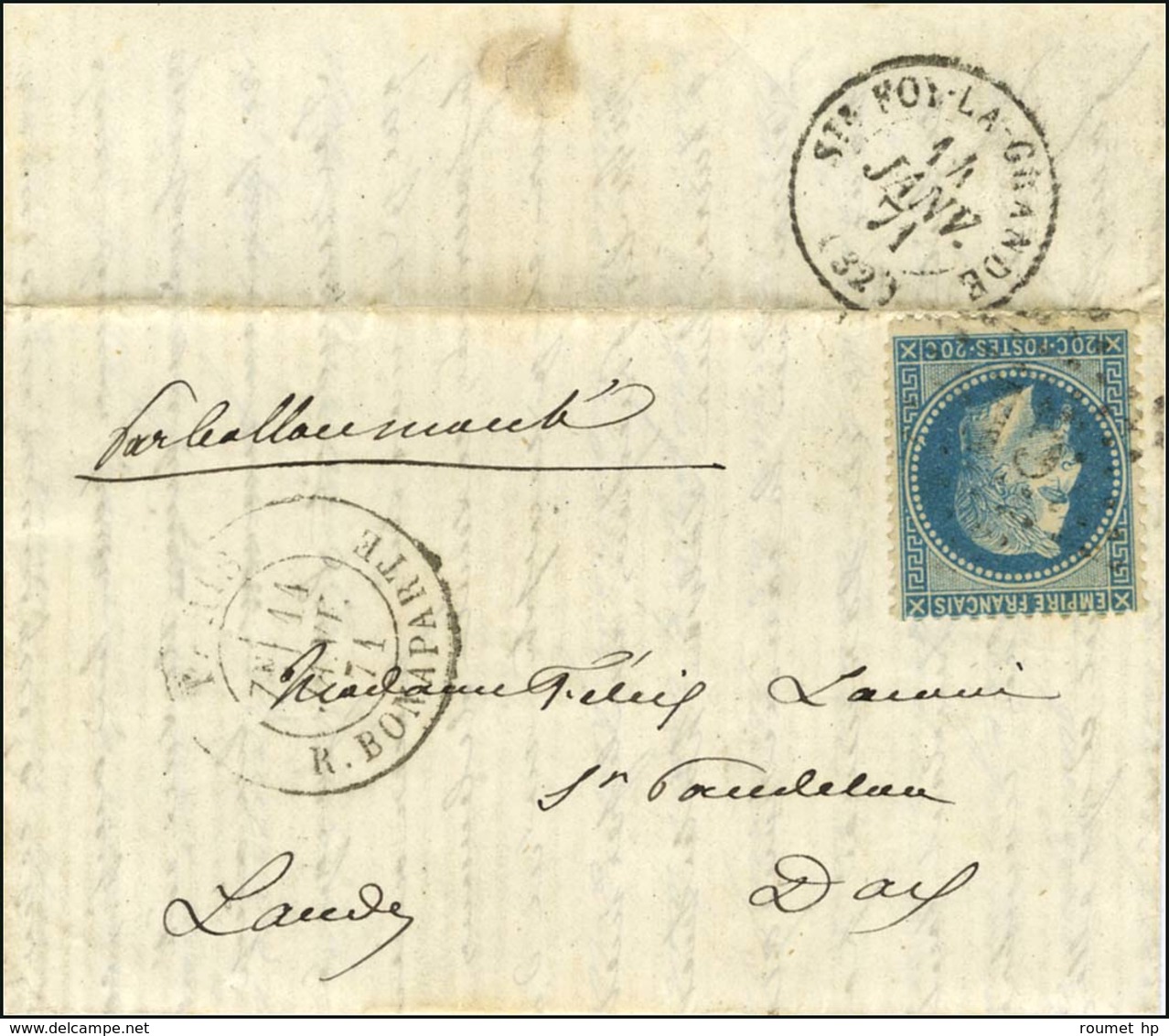 Etoile 15 / N° 29 Càd PARIS / R. BONAPARTE 11 JANV. 71 Sur Lettre Pour Dax, Au Verso Càd De Passage Ste FOY-LA-GRANDE (3 - War 1870