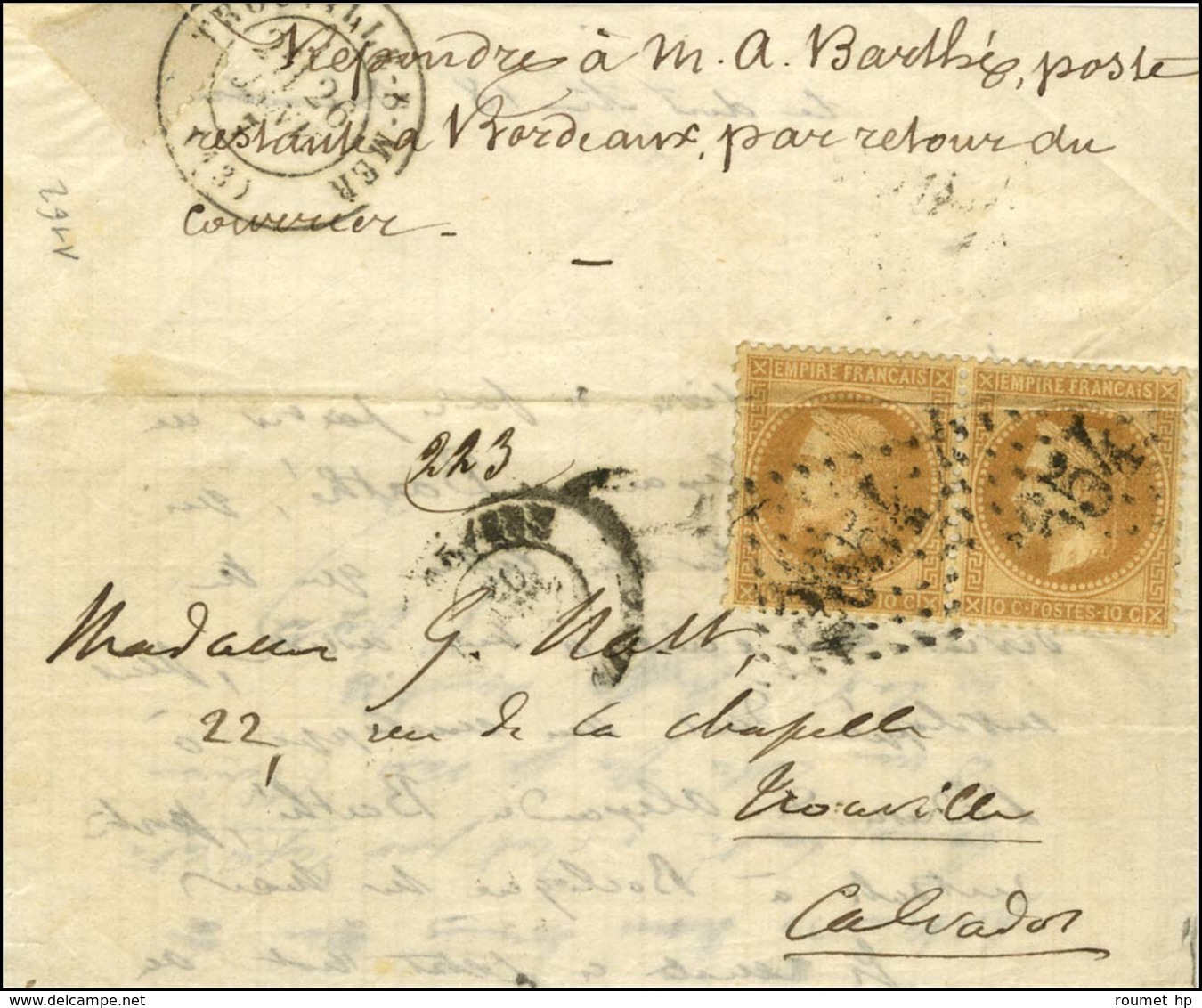 GC 2654 / N° 28 Paire (pli à La Fermeture) Càd NEVERS 20 JANV. 71 Sur Lettre Avec Texte Daté De Paris Le 18 Décembre 187 - Krieg 1870