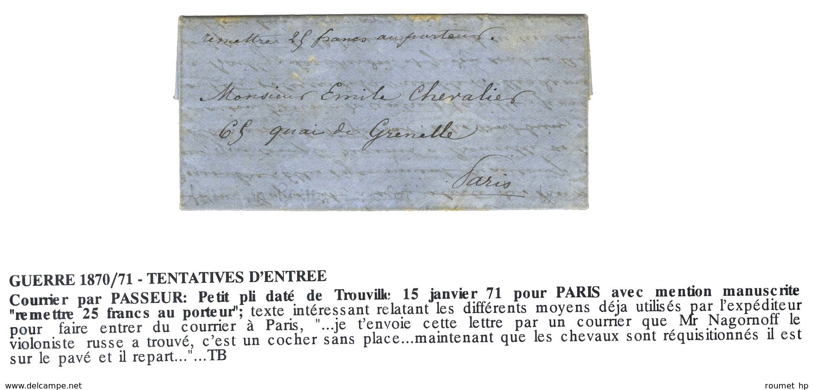 Lettre Avec Texte Daté De Trouville Le 15 Janvier 1871 Pour Paris Acheminée Par Passeur. Au Recto, Mention Manuscrite '' - War 1870