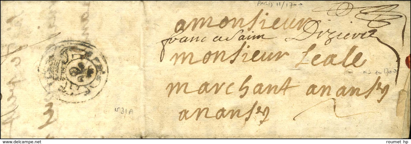 Lettre Avec Texte Daté De Paris Le 9 Novembre 1700 Adressée à Nantes, Au Verso Exceptionnel Port Payé Orné (L N° 31) Au  - 1701-1800: Vorläufer XVIII