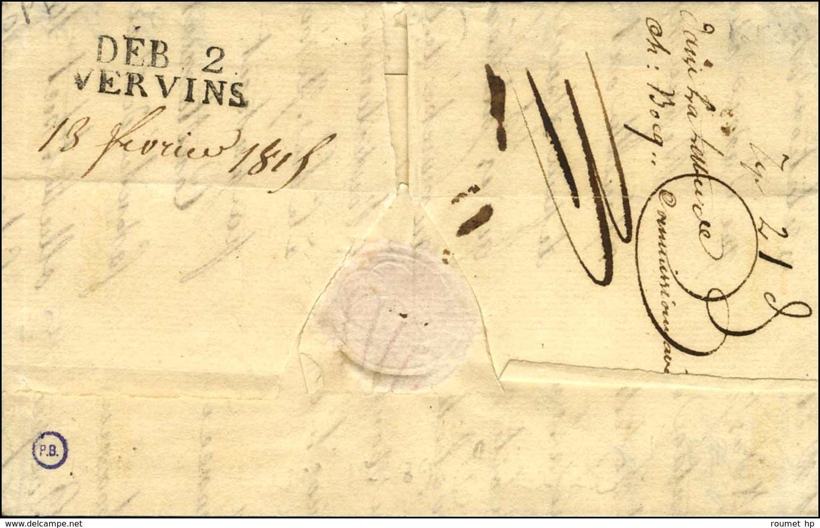 DEB. 2 / VERVINS (26 X 9) Sur Lettre Avec Texte Daté 1815. - SUP. - R. - 1801-1848: Vorläufer XIX