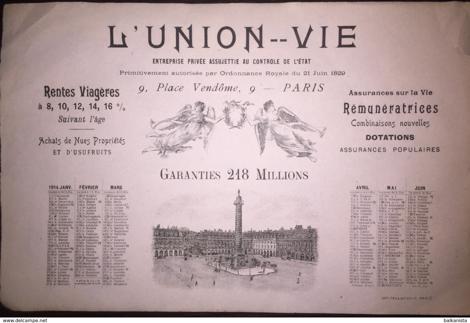 L'UNION VIE CALENDRIER 1914 - Grand Format : 1901-20