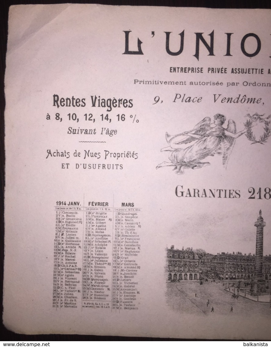 L'UNION VIE CALENDRIER 1914 - Grand Format : 1901-20