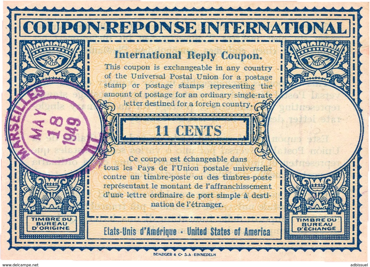 COUPON-REPONSE INTERNATIONAL USA Type Londres Obliteration Lilas "MARSEILLES ILL.18/5/49" / 11 Cents. TB - Coupons-réponse