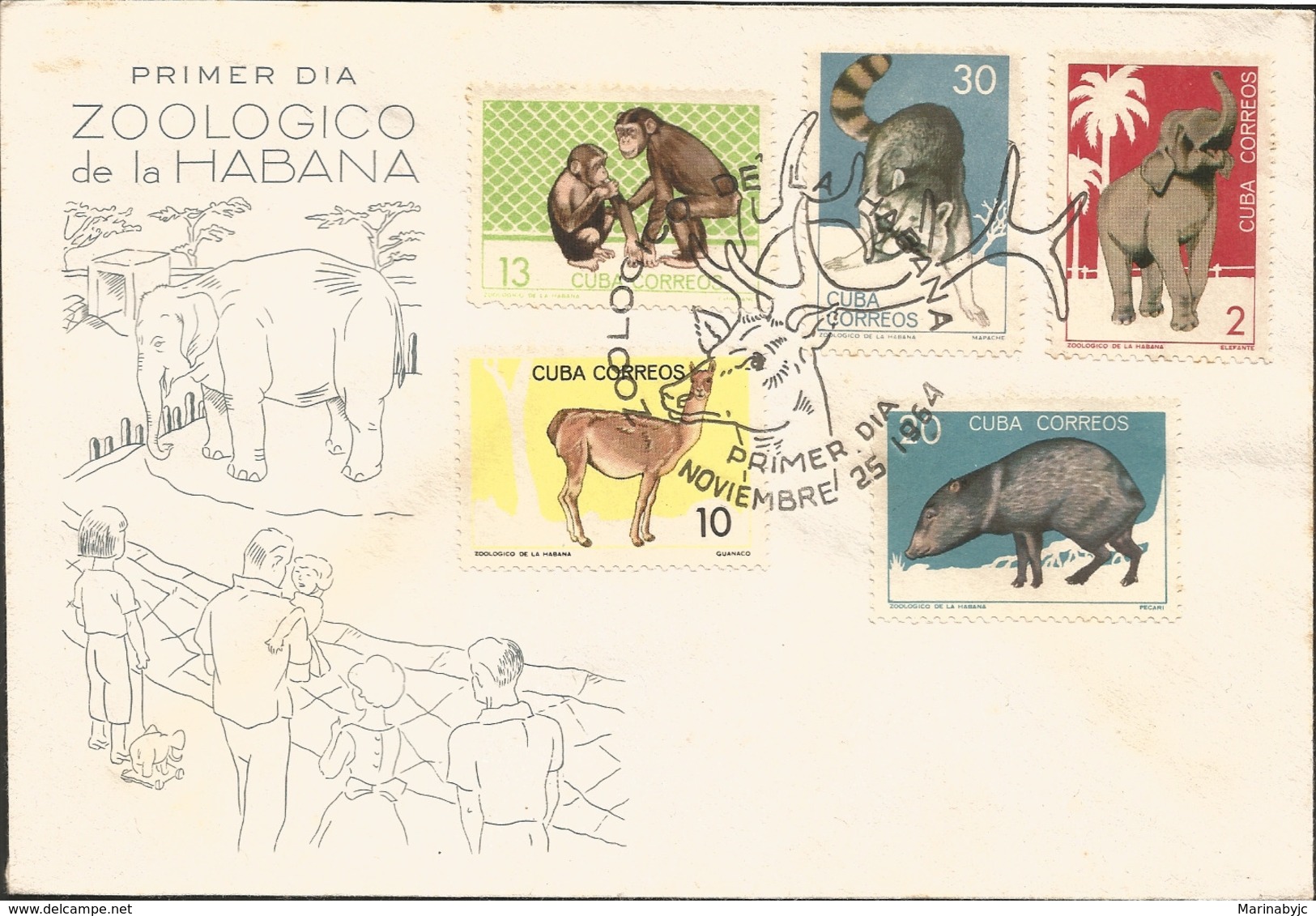 V) 1964 CARIBBEAN, HAVANA ZOO, ELEPHANT, CHIMPANZEES, PECCARY, WITH SLOGAN CANCELATION IN BLACK, FDC - Lettres & Documents