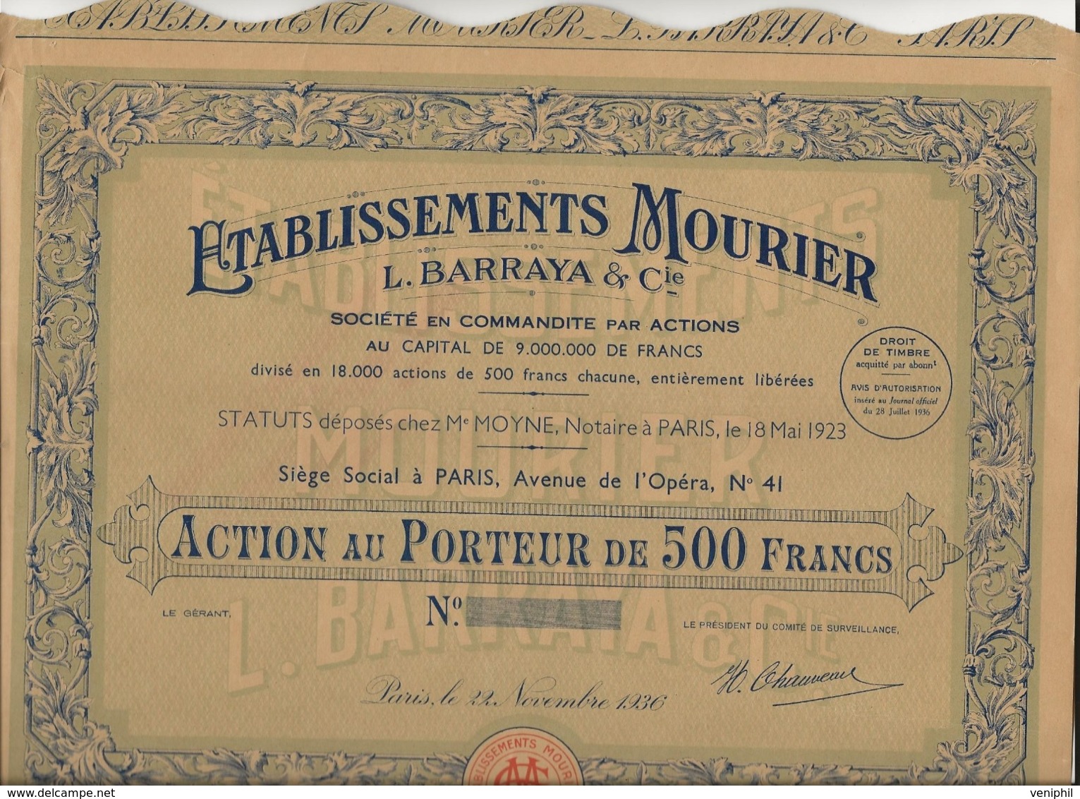 ACTION DE 500 FRS - ETABLISSEMENTS MOURIER -L .BARRAYA - ANNEE 1936 - Altri & Non Classificati