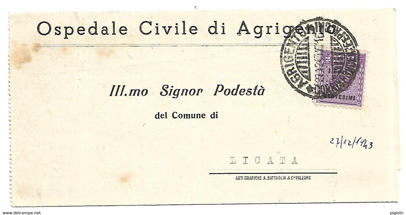 AMG002 - Modulo Dell'ospedale Civile Di Agrigento Con 50 Cent. AMGOT 27.12.1943 - DA AGRIGENTO A LICATA (AGRIGENTO) - Anglo-american Occ.: Sicily