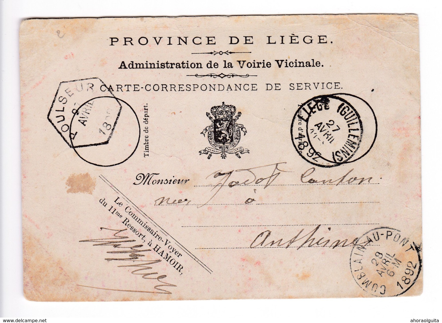 29/903 -- Carte De Service Cachet Hexagonal De Gare POULSEUR 1892 - HAMOIR Vers Anthisnes Via COMBLAIN AU PONT - Documenten & Fragmenten