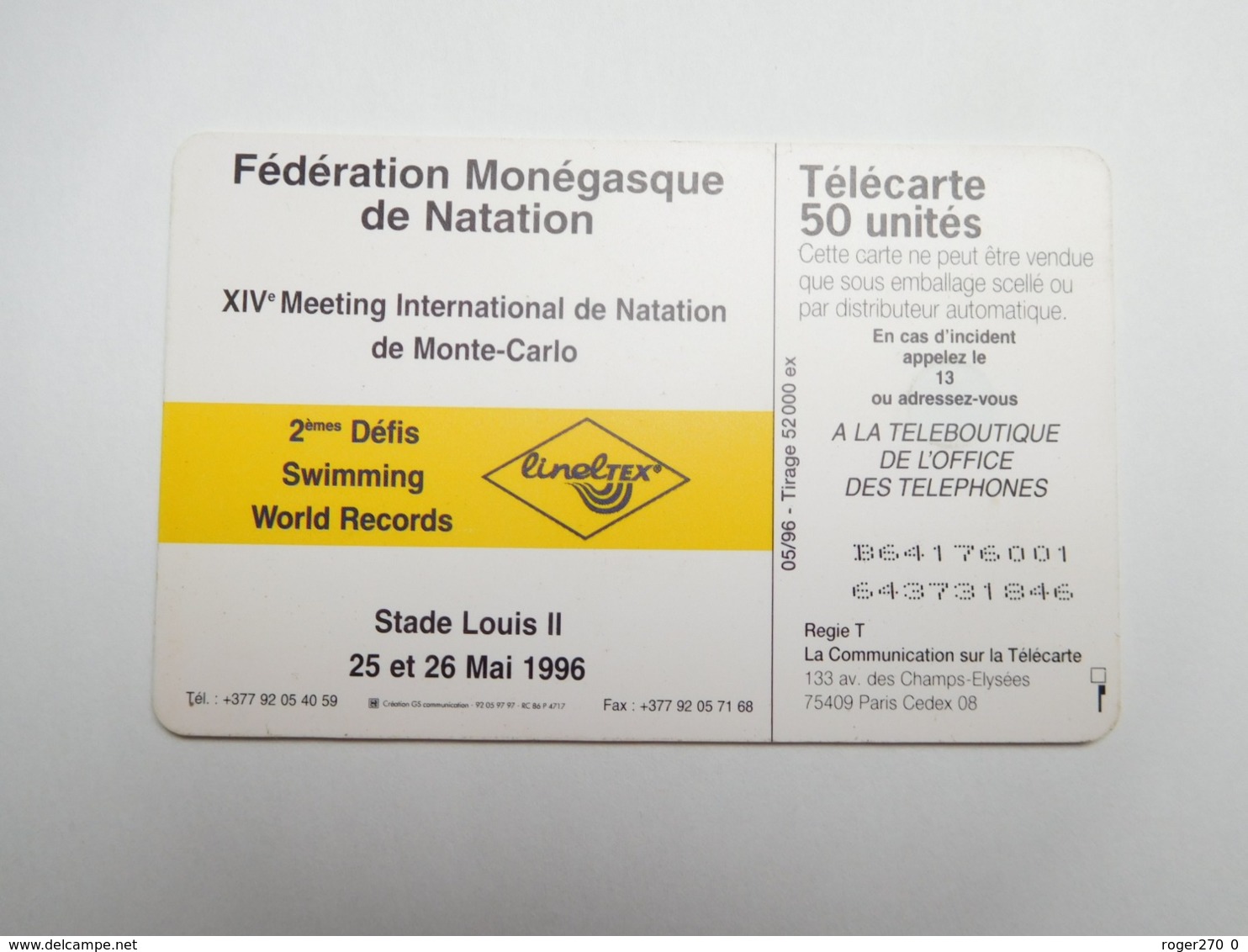 Télécarte Monaco , Natation , MF39 , TTB - Monace