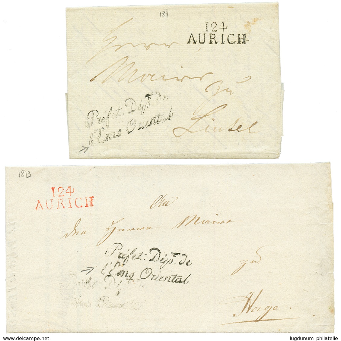 1811/13 2 Lettres Avec 124 AURICH En Noir Et En Rouge + Marque De Franchises. TB. - 1792-1815: Veroverde Departementen