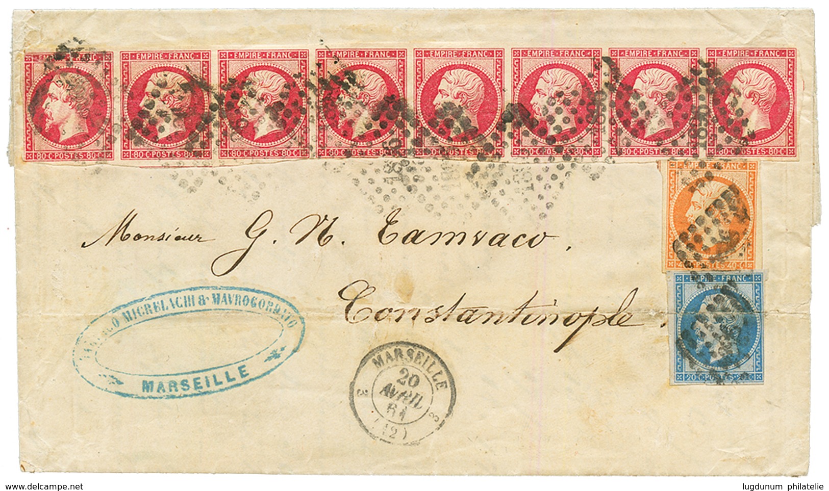 "7F Pour CONSTANTINOPLE" : 1861 Bande De 8 Du 80c (n°17) + 20c(n°14) Sur Lettre De MARSEILLE Pour CONSTANTINOPLE. Des Dé - 1849-1876: Periodo Classico