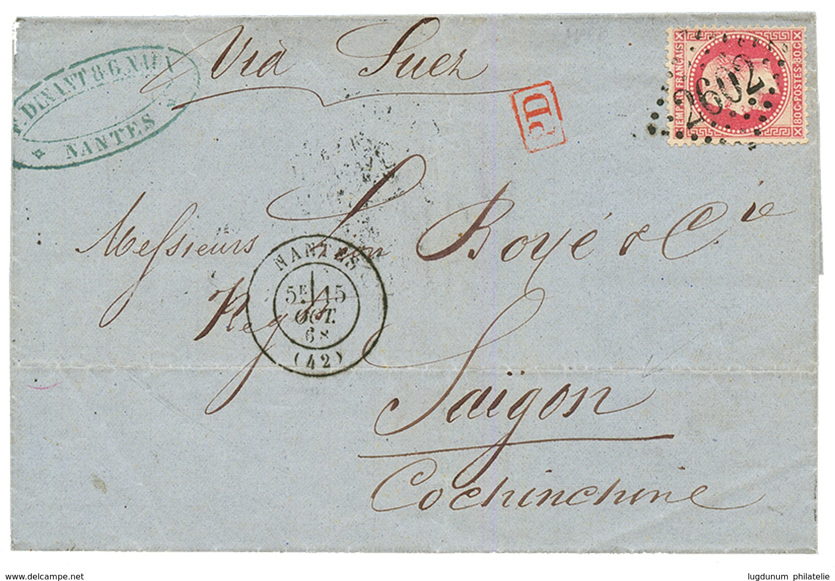 "COCHINCHINE" : 1868 80c(n°32) Sur Lettre De NANTES Pour SAIGON (INDOCHINE). Arrivée Au Verso. TTB. - 1849-1876: Periodo Classico