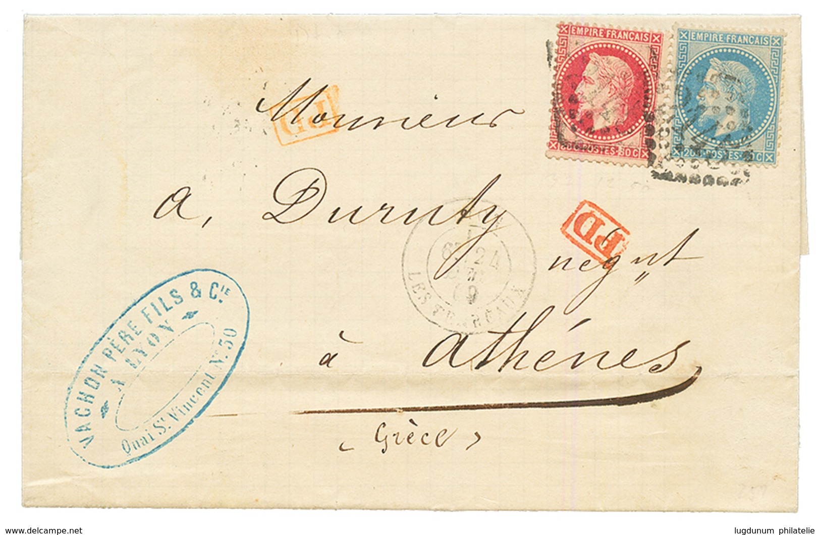 "1F20 Pour La GRECE" : 1869 20c(n°29) + 80c (n°32) Sur Lettre De LYON Pour ATHENES (GRECE). TTB. - 1849-1876: Periodo Classico