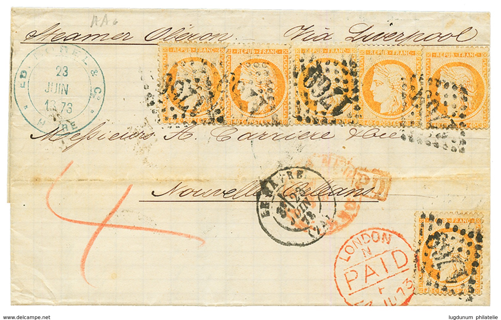 "2F40 Pour La LOUISIANE" : 1873 40c SIEGE (x6) Sur Lettre Du HAVRE Pour La NOUVELLE ORLEANS (USA). TB. - 1849-1876: Periodo Classico