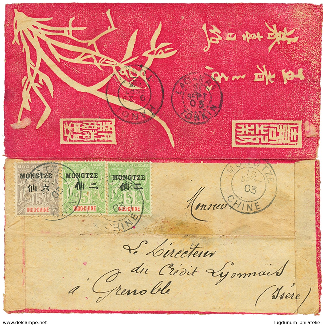 1903 MONGTZE 5c (x2) + 15c Obl. MONGTZE CHINE Sur Env. De MANDARIN Pour La FRANCE. Verso, LAOKAY TONKIN + HANOI. Rare Su - Other & Unclassified