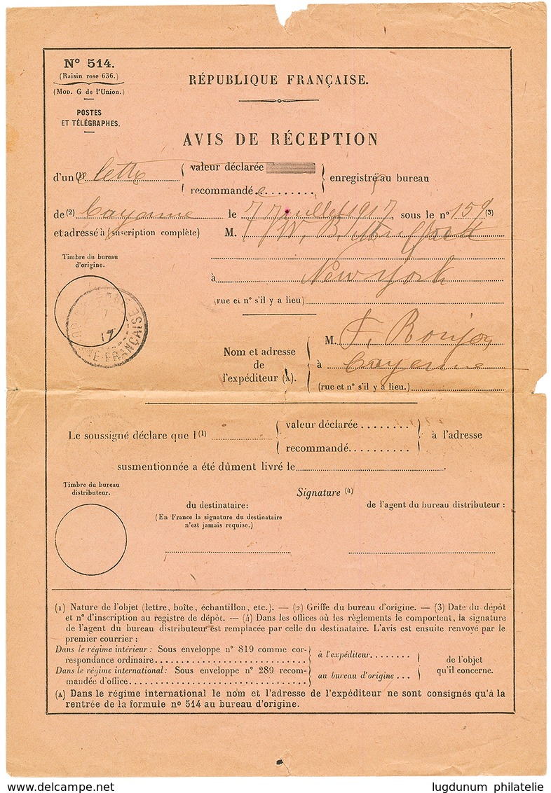 "AVIS De RECEPTION" : 1917 15c + 50c Sur Env. RECOMMANDE + A.R Pour NEW-YORK (USA) Avec L' AVIS De RECEPTION Corresponda - Andere & Zonder Classificatie