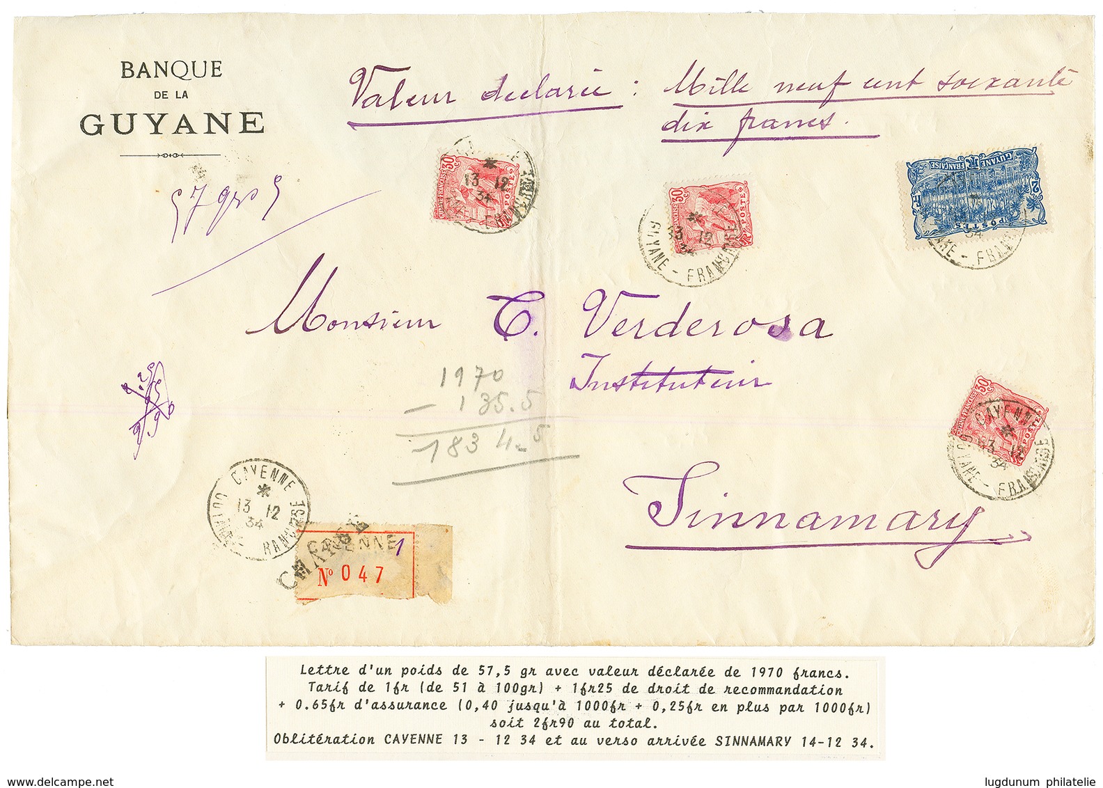 1934 2F + 30c (x3) Obl. CAYENNE Sur Grande Lettre CHARGEE (VD=1970F) Pour SINNAMARY. TTB. - Andere & Zonder Classificatie