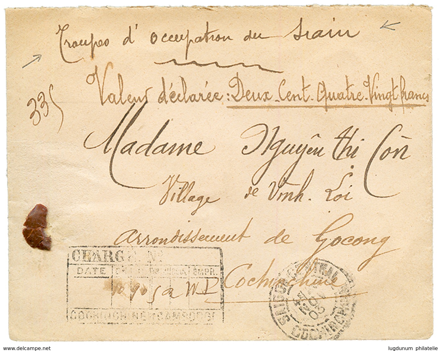 "TROUPES D' OCCUPATION DU SIAM" : 1903 Enveloppe CHARGEE Via SAIGON Pour GOCONG. RARE. TB. - Andere & Zonder Classificatie