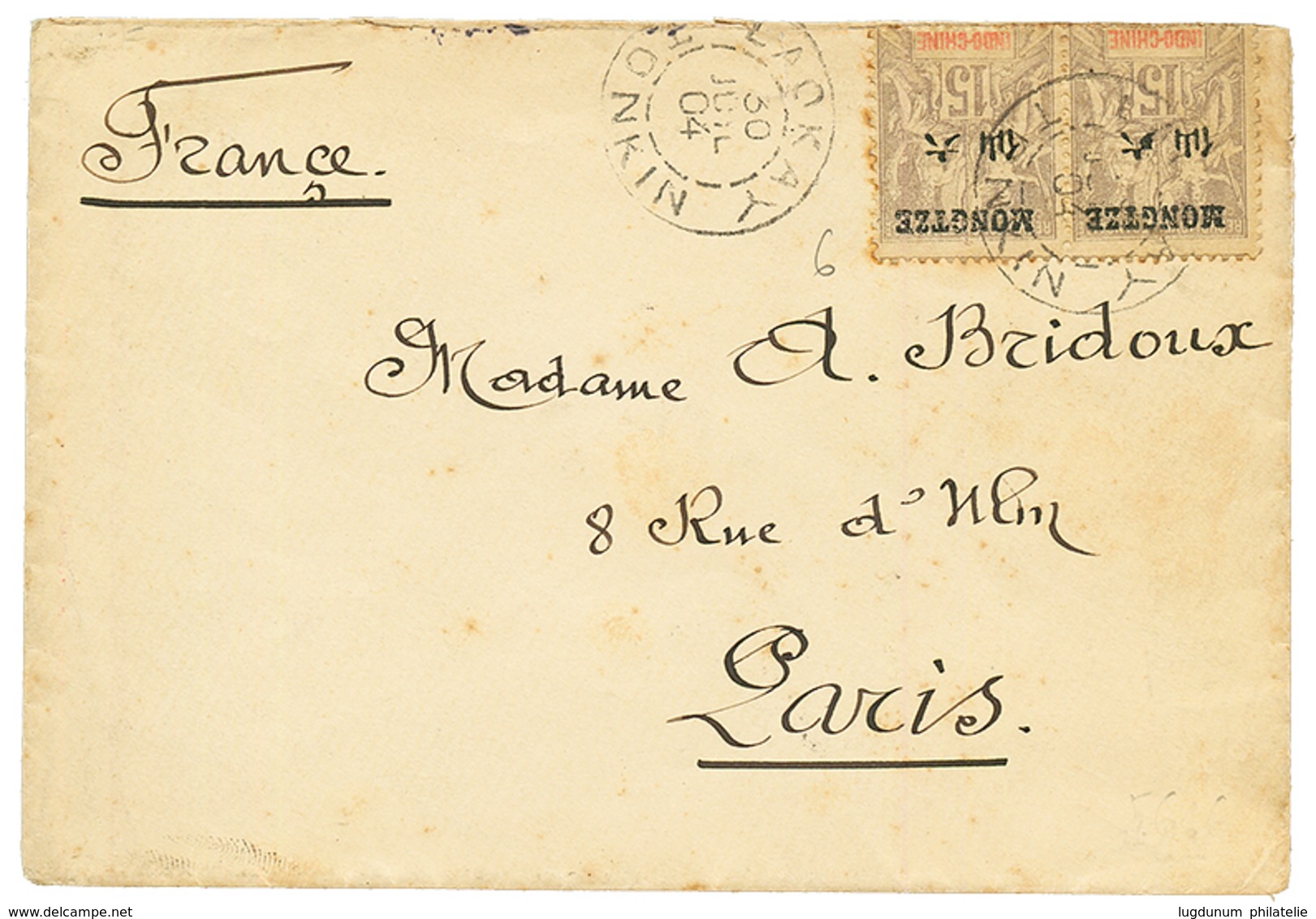 1904 MONGTZE Sur INDOCHINE 15c (x2) Obl. LAOKAY TONKIN Sur Lettre Pour PARIS. Rare Sur Timbres De MONGTZE. TB. - Andere & Zonder Classificatie