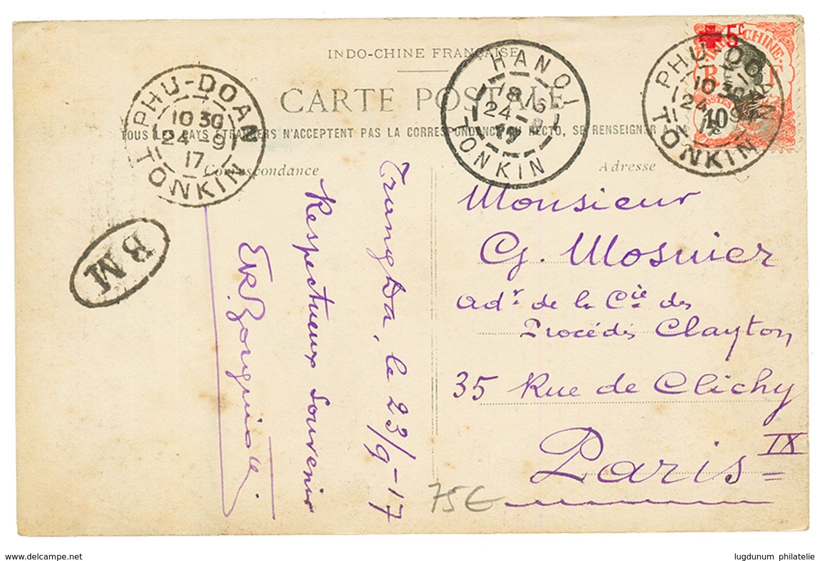 BOITE MOBILE PHU-DOAN : 1917 CROIX ROUGE 5c Obl. PHU-DOAN TONKIN + B.M Sur Carte Pour PARIS. TTB. - Andere & Zonder Classificatie