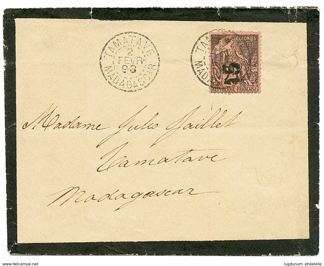 1893 15 S/ 25c(n°5A) Surcharge Verticale Obl. TAMATAVE Sur Enveloppe Locale. TB. - Andere & Zonder Classificatie