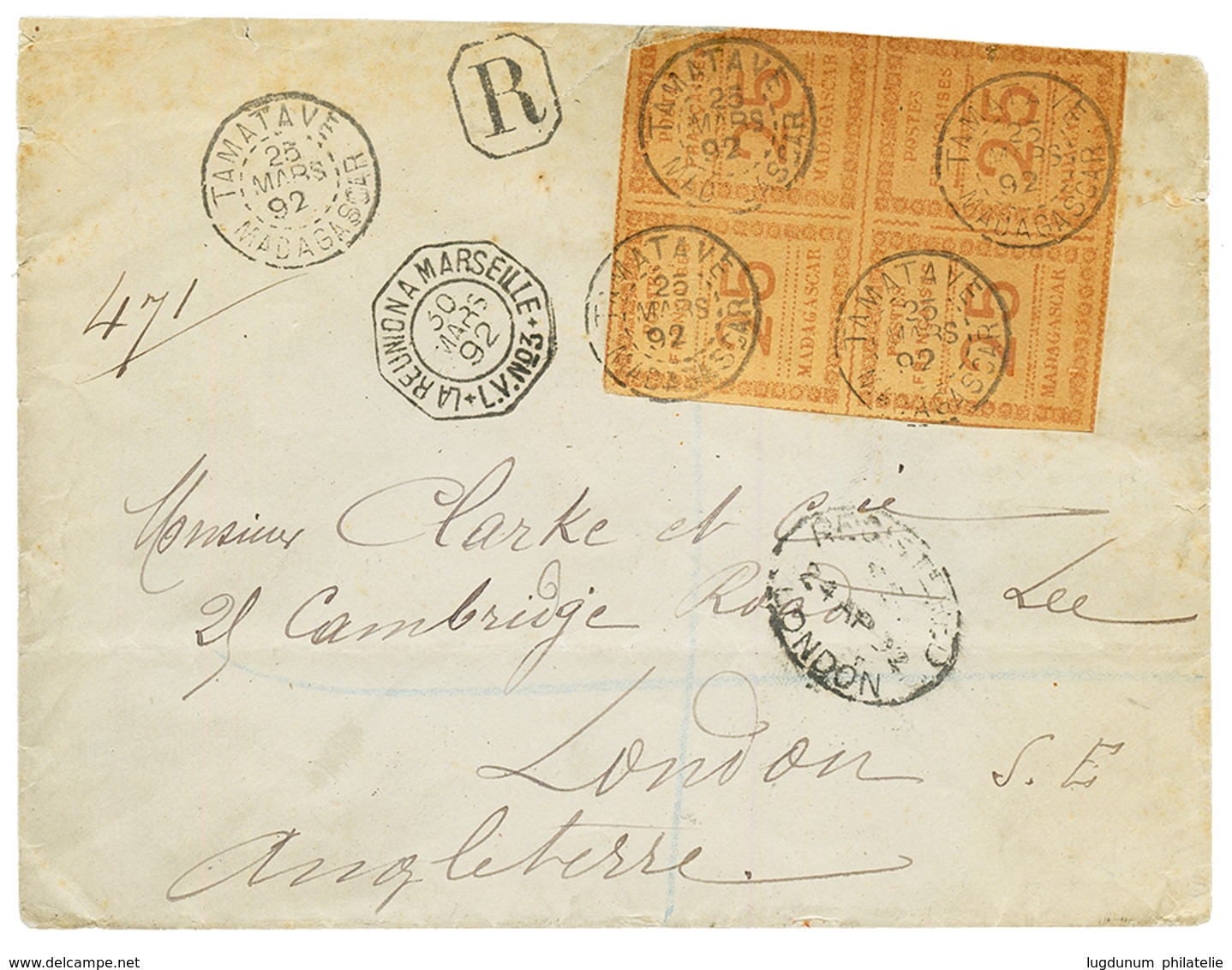 1892 Bloc De 4 Du 25c (1 Timbre Défectueux) Obl. TAMATAVE MADAGASCAR Sur Enveloppe RECOMMANDEE Pour L' ANGLETERRE. Bloc  - Andere & Zonder Classificatie