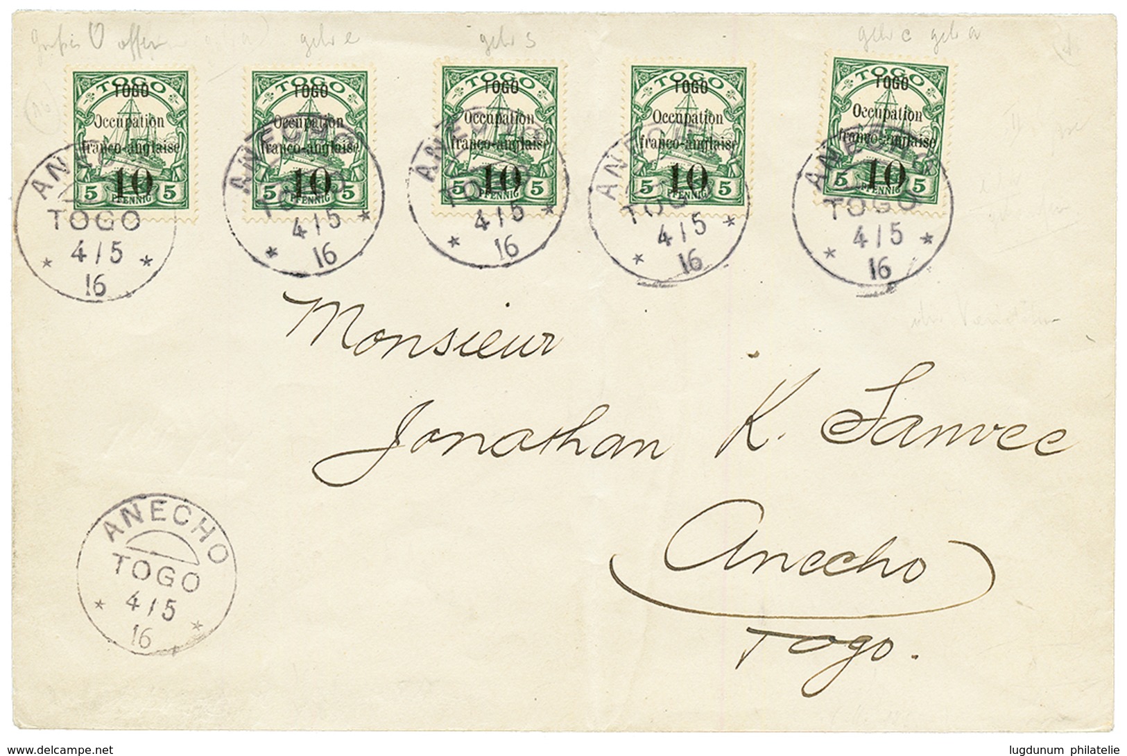 TOGO - Occupation Française : 1916 10 S/ 5pf (n°24)x5 Obl. ANECHO Sur Lettre Locale. Rare. TTB. - Andere & Zonder Classificatie