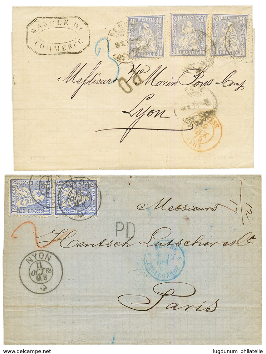 2 Covers : 1868 30c(x2) NYON To FRANCE And 1875 30c(x3) GENEVE To FRANCE. Vvf. - Otros & Sin Clasificación