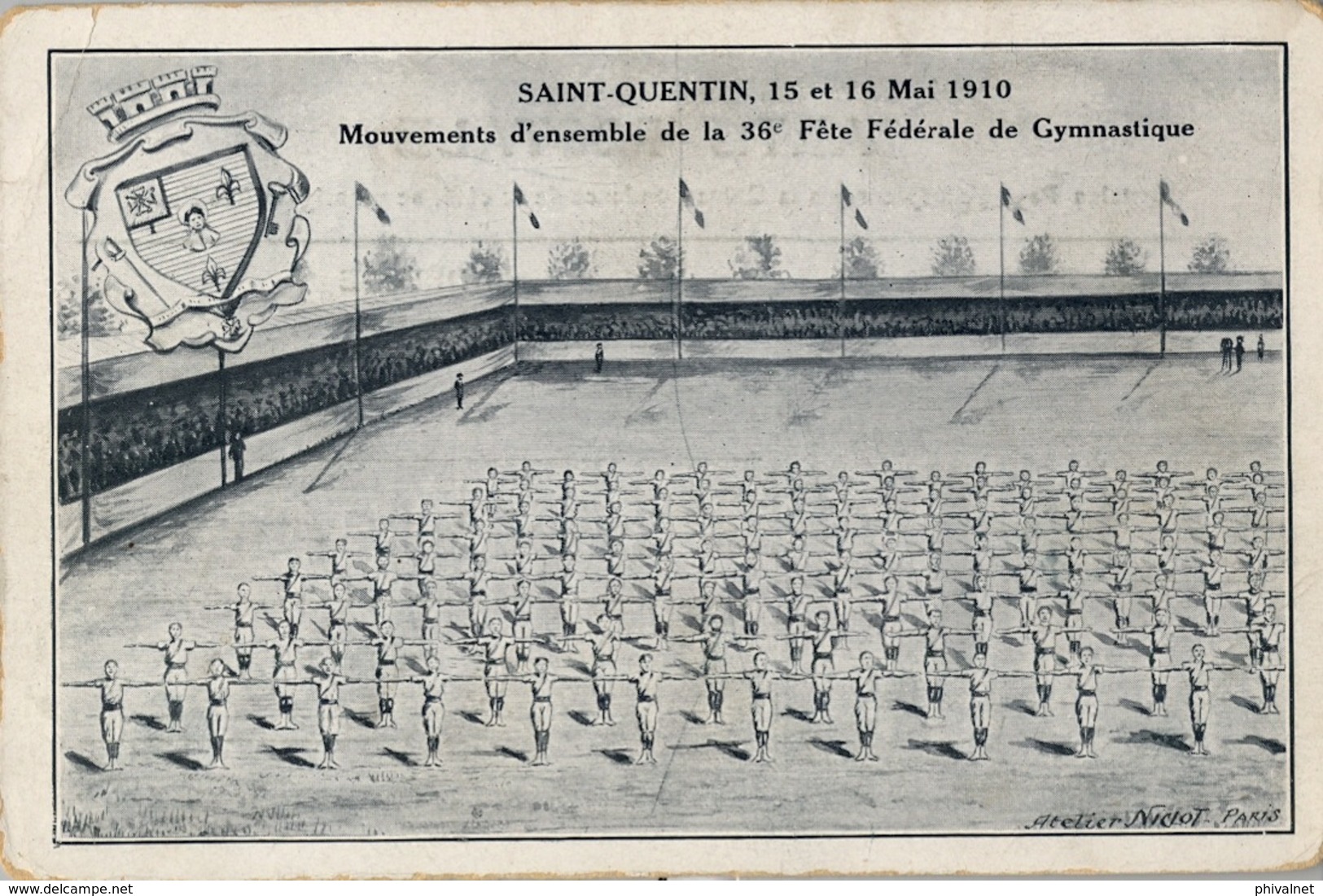 1910 , FRANCIA - SAINT QUENTIN , MOUVEMENTS D'ENSEMBLE DE LA 36º FÉTE FÉDÉRALE GYMNASTIQUE , TARJETA POSTAL SIN CIRCULAR - Gymnastiek