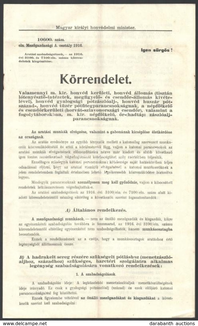 1916 Honvédelmi Miniszter Körrendelete Az Aratási Szabadságról Katonáknak 6p + Térkép 35x25 Cm - Sonstige & Ohne Zuordnung