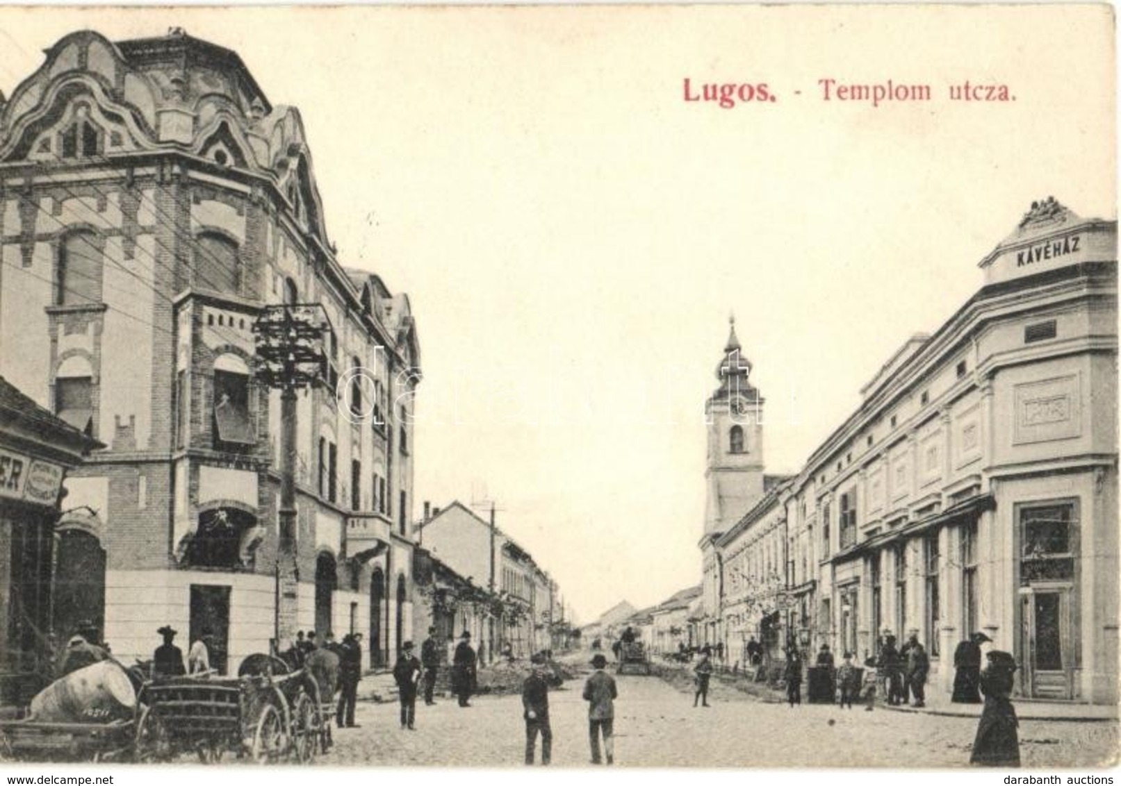 T2 Lugos, Lugoj; Templom Utca, Kávéház, útépítés / Street View With Cafe, Road Construction - Ohne Zuordnung