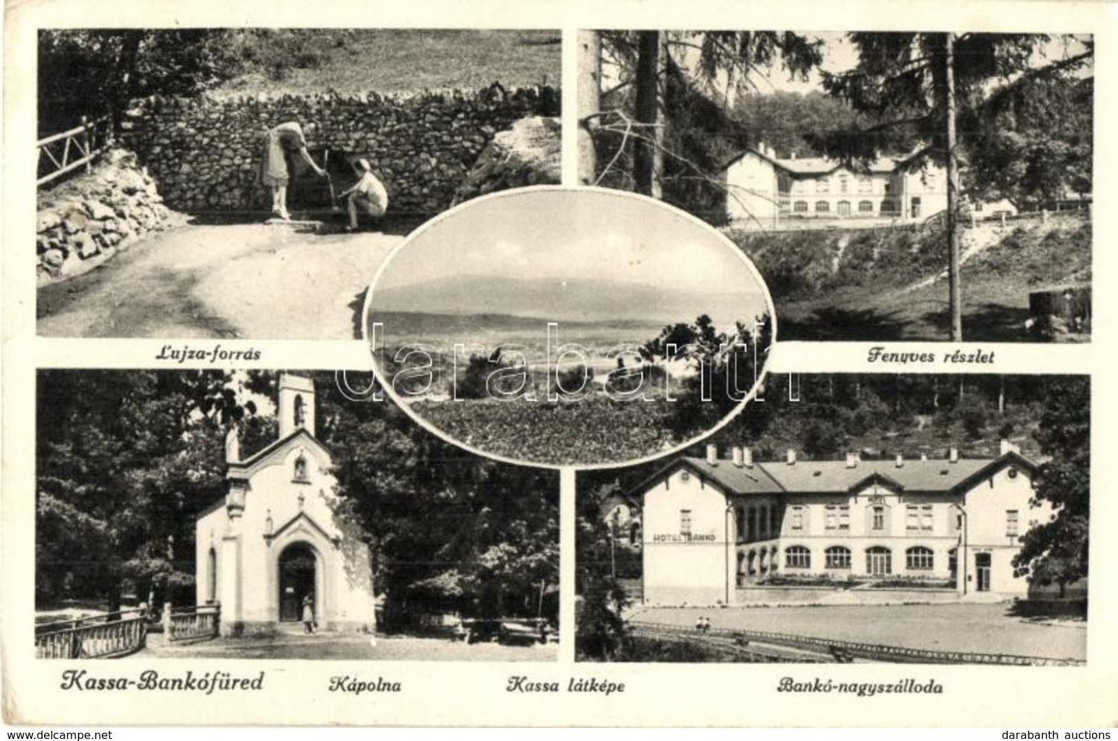 T2 Kassa, Kosice; Bankófüred, Kápolna, Fenyves, Lujza Forrás, Bankó Nagyszálloda / Chapel, Spring, Forest, Hotel - Ohne Zuordnung