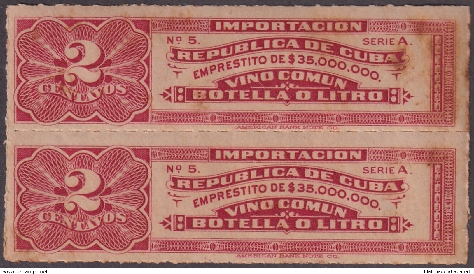 REP-333 CUBA REPUBLICA REVENUE 2c VINOS WINES BEVERAGE IMPORTACION TAX - Impuestos