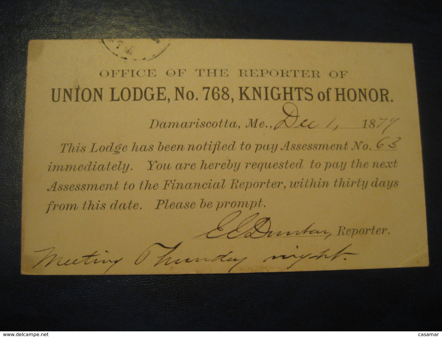 DAMARISCOTTA Lincoln Maine ME 1879 Union Lodge Masonry To Alna Maine ME UX5 PC2 Postal Stationery Card USA - ...-1900