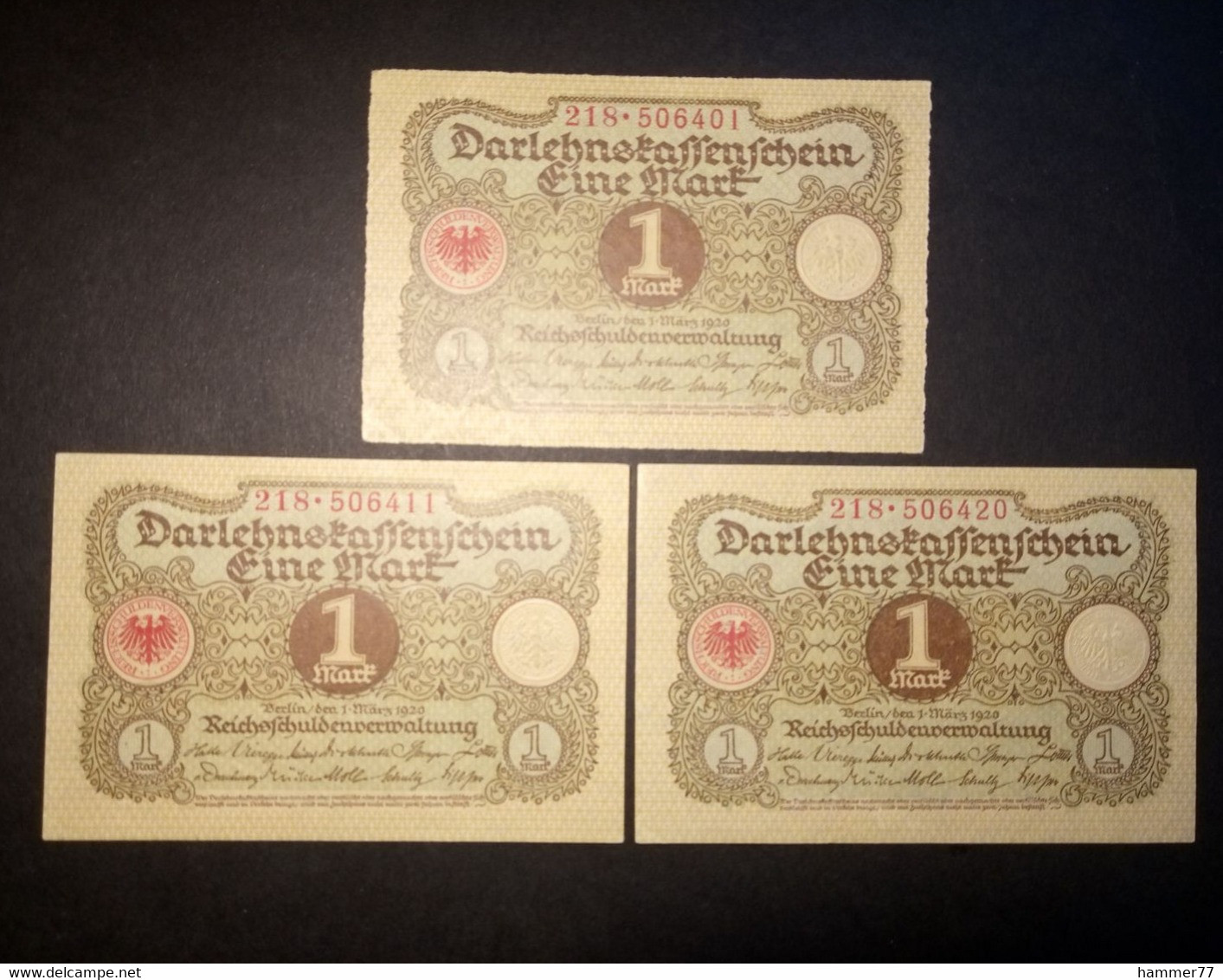 Germany 1920: 3 X 1 Mark - [13] Bundeskassenschein