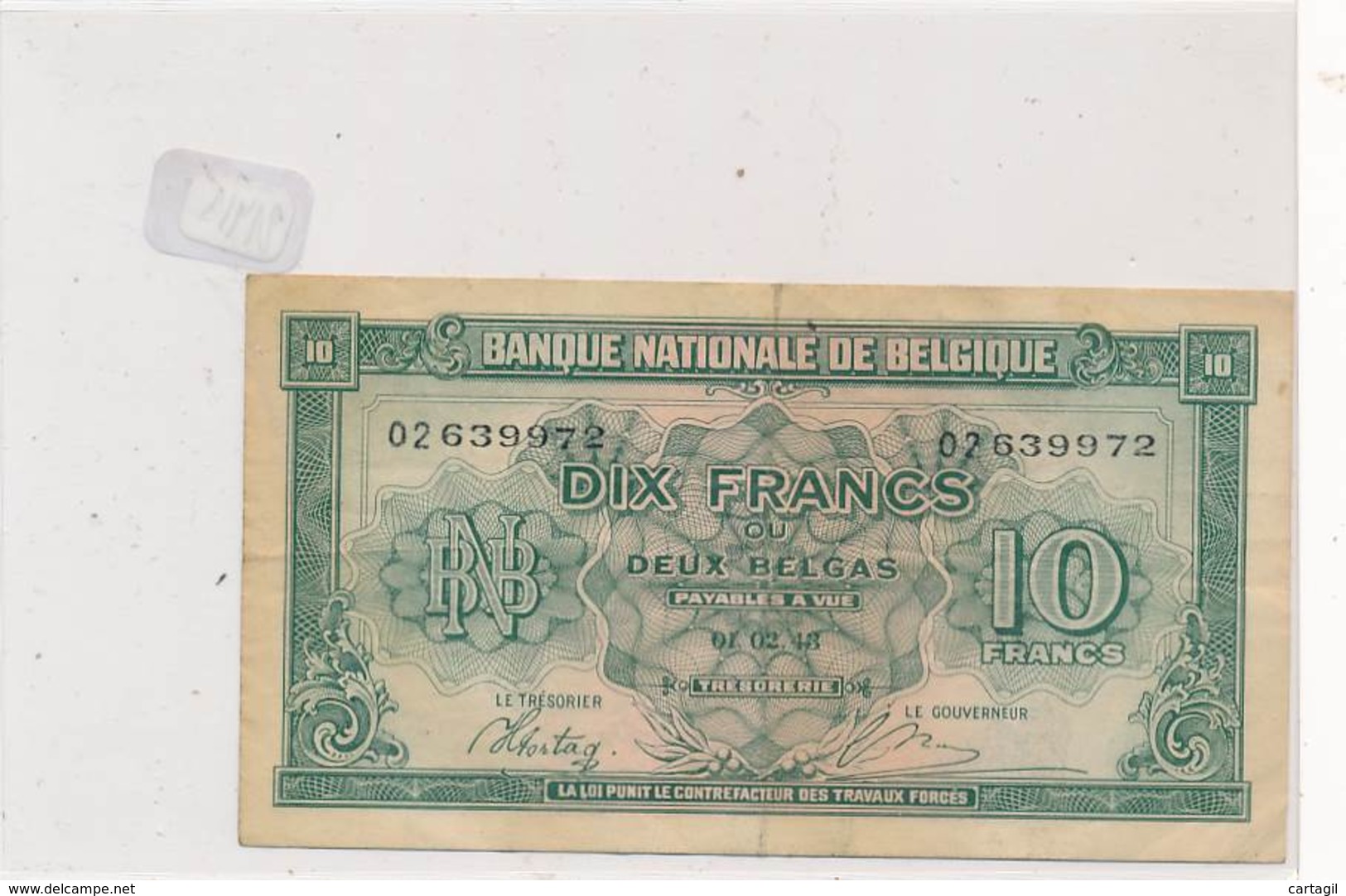 Numismatique -B3706 -TIEN FRANK 1943 Belgique  ( Catégorie,  Nature état ... Scans)-Envoi Gratuit - Andere & Zonder Classificatie