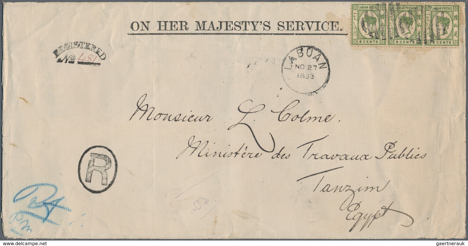 Labuan: 1893 Official 'On H.M.S.' Envelope (254 X 130 Mm) Used Registered From Labuan To EGYPT, Addr - Sonstige & Ohne Zuordnung