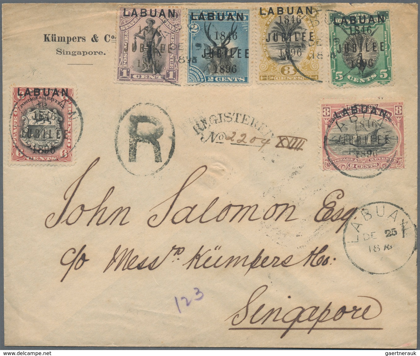 Labuan: 1896 'Jubilee' Complete Set Of Six Used On Registered Cover To Singapore, All Tied By "LABUA - Sonstige & Ohne Zuordnung