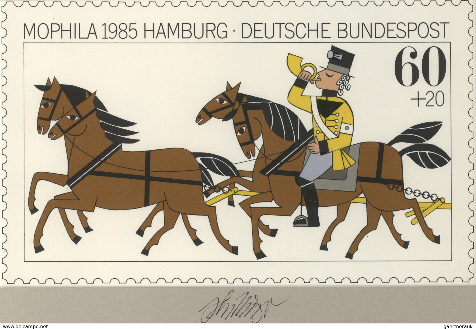 Thematik: Tiere-Pferdekutschen / Animals-horse Coaches: 1985, Bund, Original-Künstlerentwurf (26x15, - Pferde