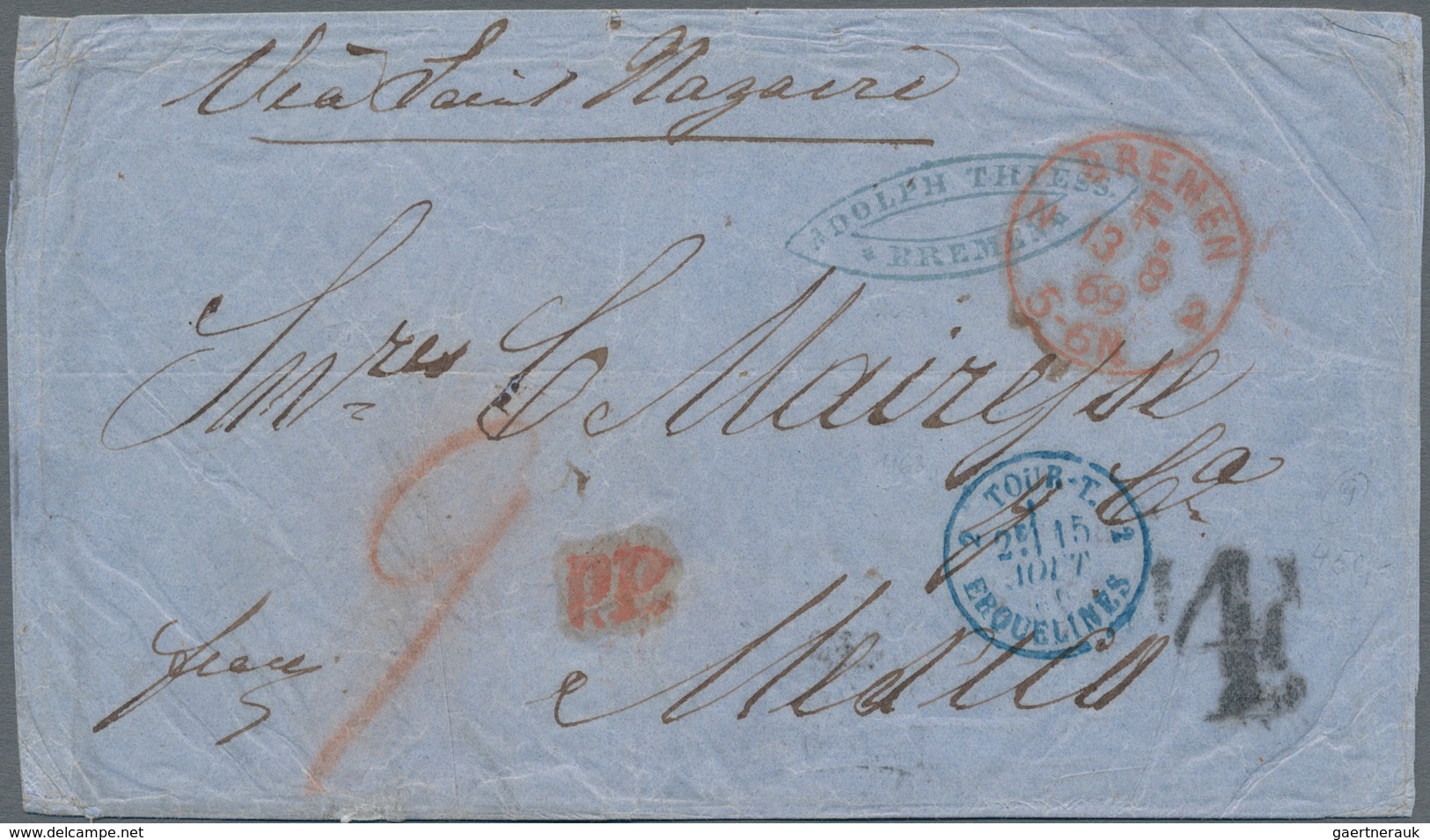 Mexiko: 1869 Incoming Mail: Stampless Folded Envelope (few Crincles) With Tax-cancel "4" And M/s "9" - Mexiko