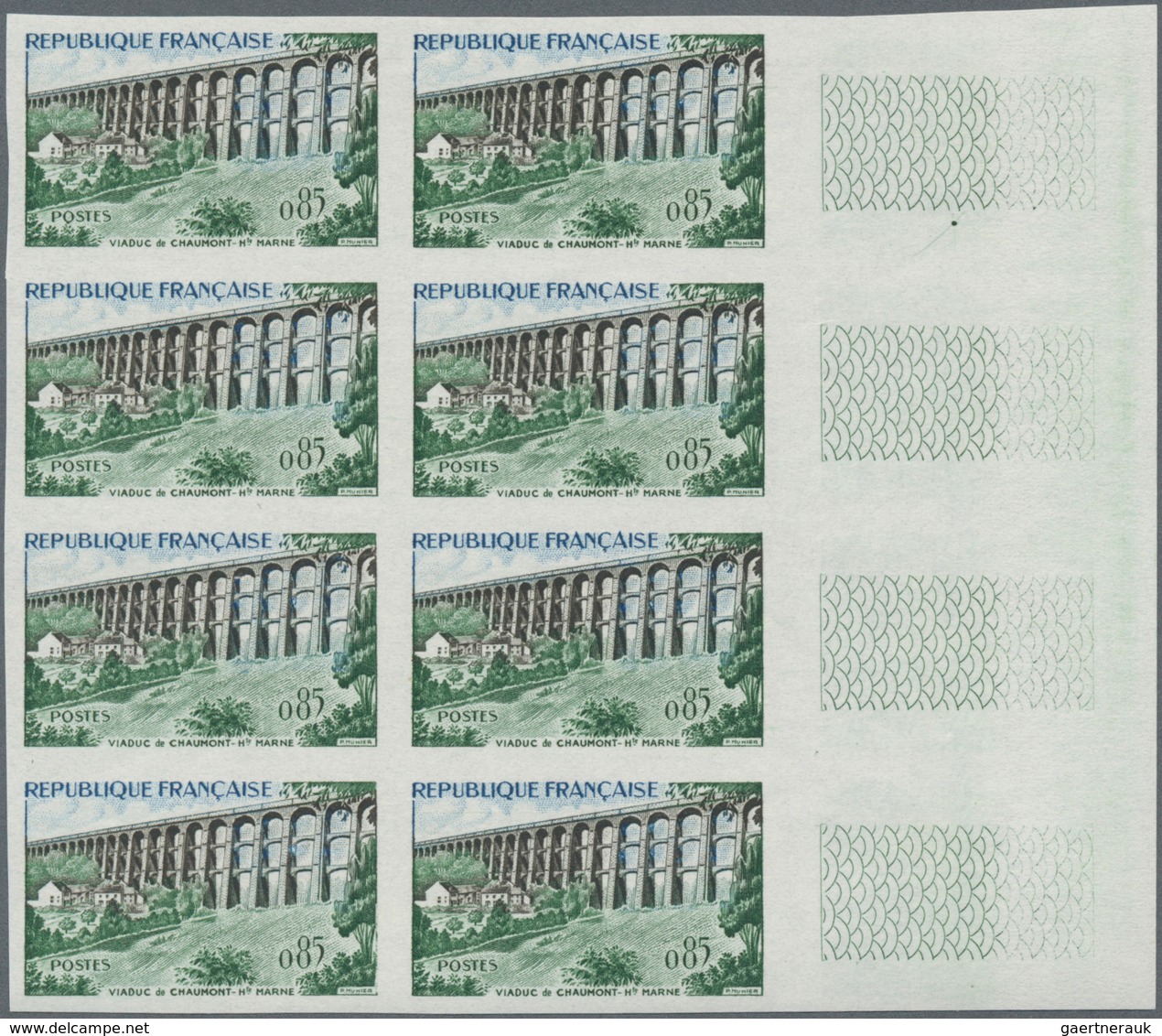 Frankreich: 1960, definitives ‚buildings and landscapes‘ complete set of seven in IMPERFORATE blocks