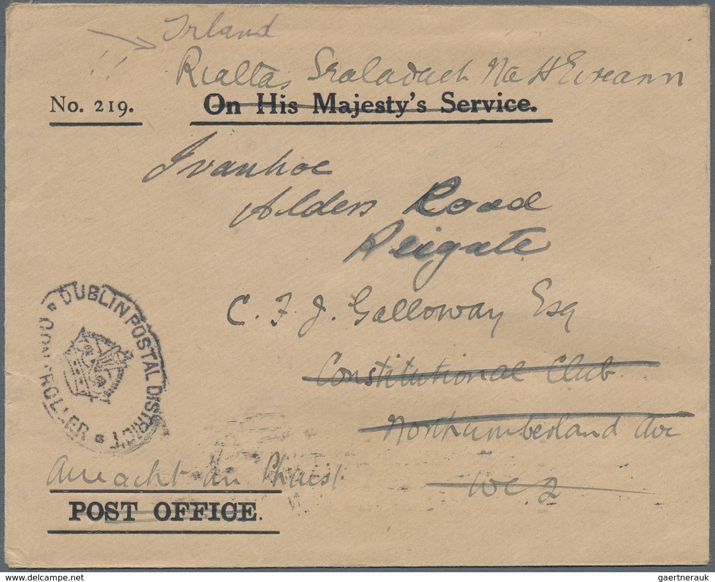 Irland - Besonderheiten: 1922, "On His Majesty's Service." Form Envelope (text Deleted) With Oval Ha - Sonstige & Ohne Zuordnung